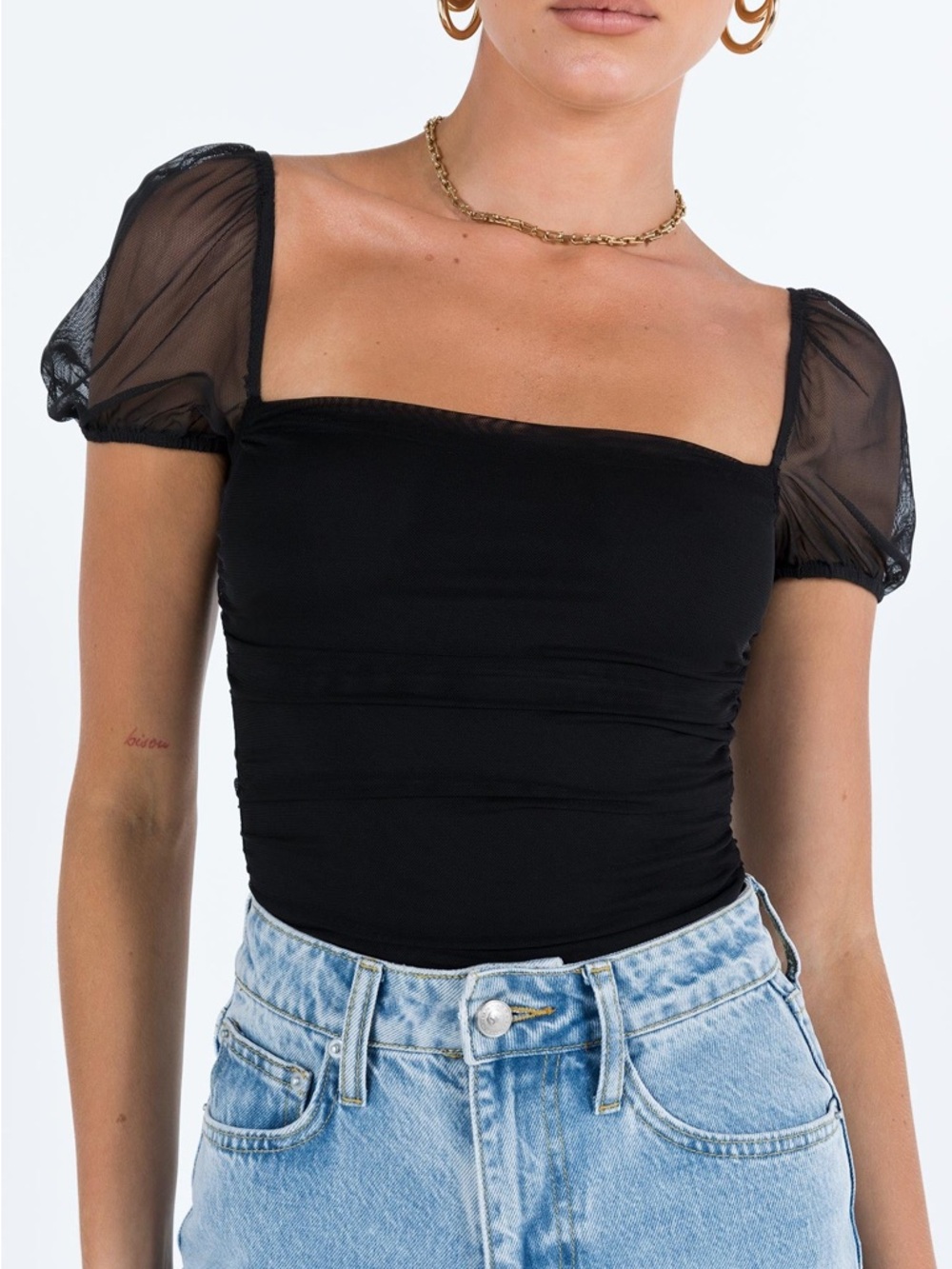 Princess Polly Black Mesh Puff Sleeve Bodysuit Sz 4